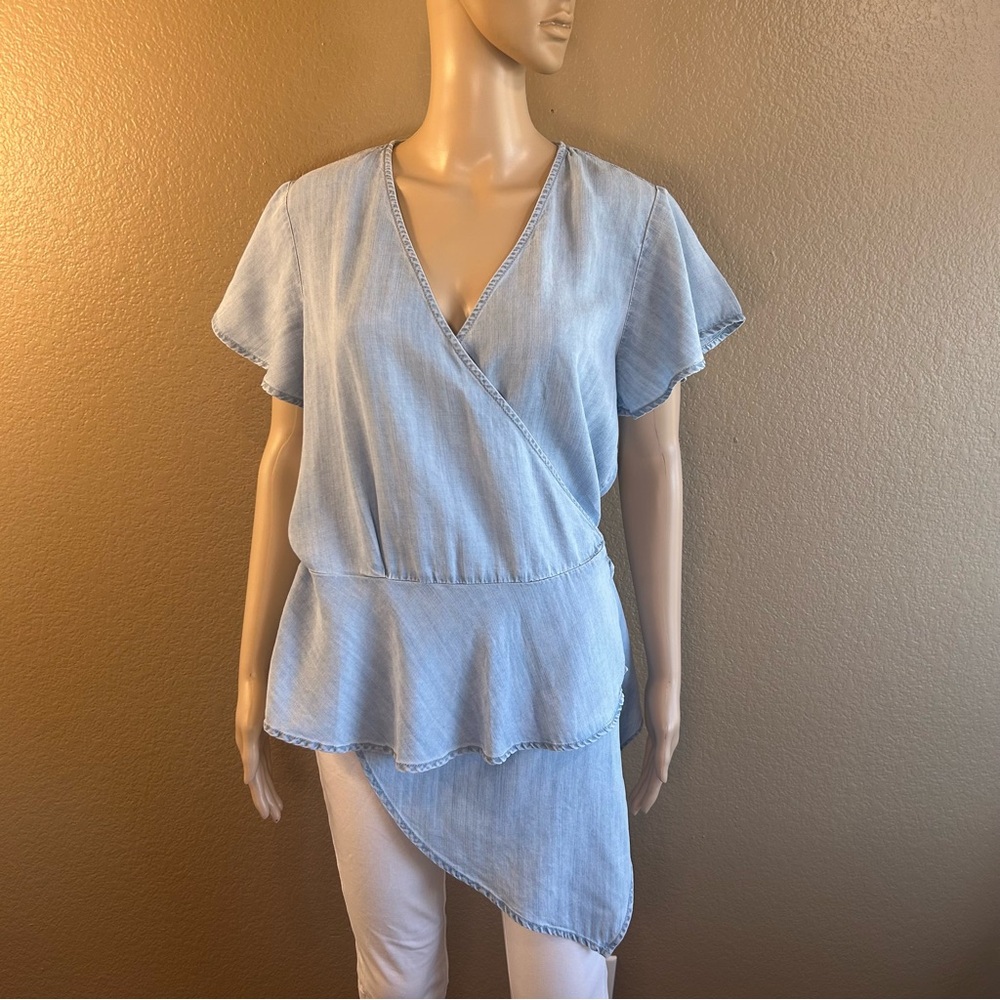 Reba Asymmetric Hem Chambray Wrap Blouse Sz M 100% Tencel
